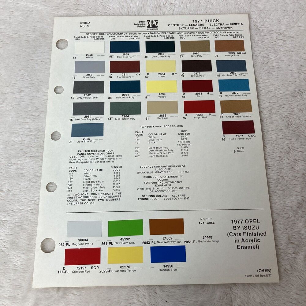 1977 Buick Colors Ditzler PPG Color Chips Color Information Vintage